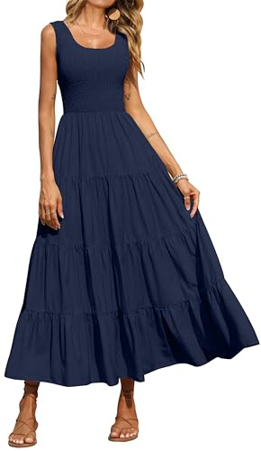 PRETTYGARDEN Sleeveless Casual Shirred Tank Top Maternity Dress Boho Tiered Maxi Dress Spring Dresses for Women 2026 Sundress (Navy,Small)