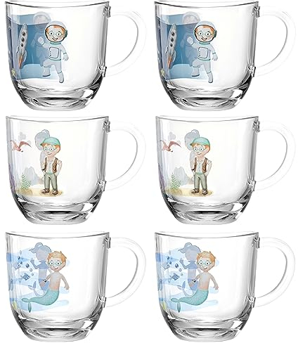 LEONARDO HOME Bambini Avventura Tassen-Set 6-teilig - Kinderbecher mit Motiv aus dickwandigem Glas - Inhalt 280 ml - mikrowellengeeignet, robust - 6er Set mit verschiedenen Motiven, 023683