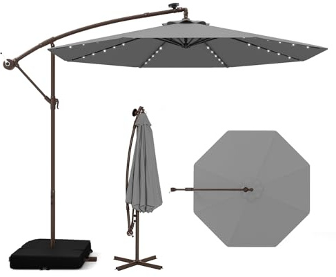 COSTWAY Sombrilla Terraza Exterior con Base, Parasol Excentrico 3x3 con 40 Luces LED, Sombrilla Jardin Inclinable con Manivela, Patio, Jardín, Terraza, Piscina, Playa (gris)