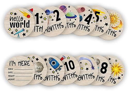 Baby Monthly Milestone Circles, Astronaut Space Stuff Wooden Discs for Baby Photo Takens with Hello World Signs - 7 Pcs Double Sides Round Circles Signs for Documenting Growth