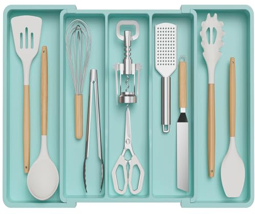 Lifewit Besteckkasten für Schubladen, Großer Utensilienständer Erweiterbar auf 57 cm, Küchenutensilienhalter Tiefe 38 cm, Schubladen Organizer Küche, Kunststoff Besteckhalter für Messer/Gabel, Türkis