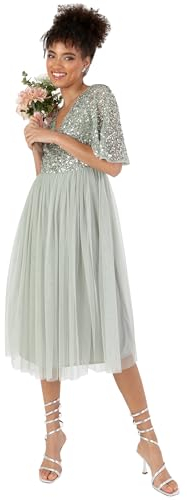 Maya Deluxe Damen Midikleider für Damen, verzierter V-Ausschnitt, flatternd, 3/4-Ärmel, Pailletten, Hochzeitsgast, Abschlussball Grun Größe 50
