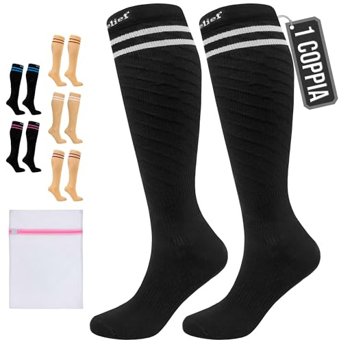 360 RELIEF Compression Socks for Women Men, 15-20 mmHg Supports Circulation, Travel Flight Socks, Pregnancy Stockings XXL, Black with 2 White lines + Laundry Bag