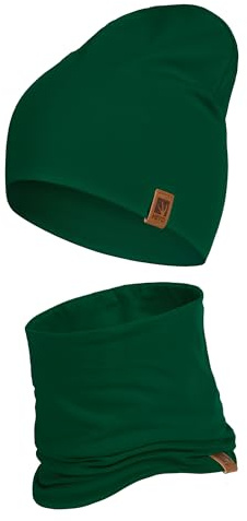 HEYO Juego de gorro para niños, bufanda tubular de algodón, bufanda redonda, suave, para niñas, niños, otoño, primavera, otoño, primavera, juego de otoño, verde oscuro, Talla única