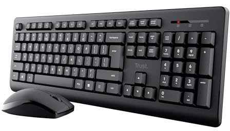 Trust Primo Tastatur Maus Set Kabellos Deutsches QWERTZ Layout, Flachen Tasten, Spritzwassergeschützt, Beidhändig Funkmaus, EIN USB-Empfänger, Kabellose Tastatur für PC Computer Laptop Mac