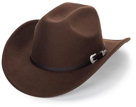 Sombrero de Vaquero clásico de Fieltro Occidental para Mujeres y Hombres, ala Ancha, Hebilla de cinturón, Sombrero de Vaquero (Talla Mediano-Grande), Café, M-L