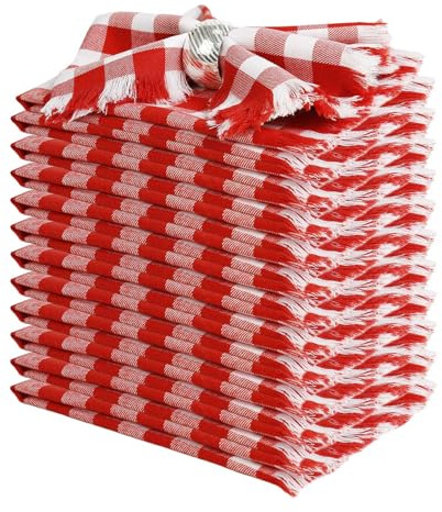 Set di 12 tovaglioli di stoffa fatti a mano in 100% cotone con frange, 43 x 43 cm, tovaglioli a quadri rossi per il Ringraziamento, Natale, pasti quotidiani