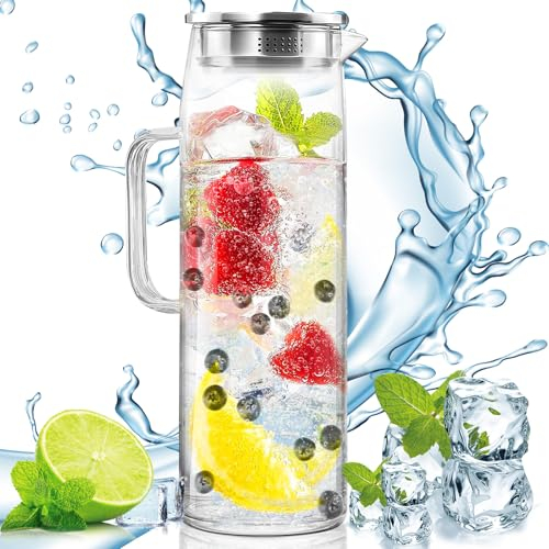 LOVICVKEM Jarra de Agua, Botella de Agua de Cristal 1.5 Litros, Jarra de Vidrio con Tapa, Transparente y resistente al calor, para agua fría caliente, té helado, vino, café, leche y zumo
