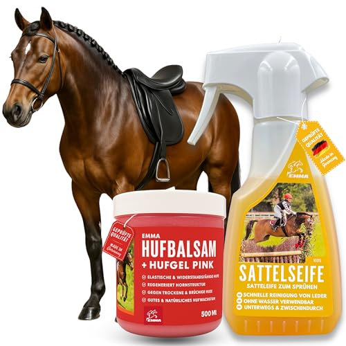 EMMA Sattelseife Leder + Huffett Pferde pink I Leder & Pferde Pflegeset Glattleder Pflege Sattel Lederstiefel Trense Lederpflege Auto Sofa Schuhe l Lederbalsam zum Sprühen Pflegen & Schutz 500ml250ml