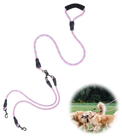 Pink Double Dog Lead 2 Small Dogs with Soft Handle, Nylon Splitter No Tangle Double Ended Lead for Walking No Tangle