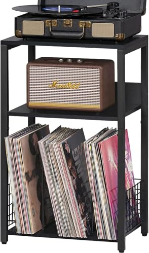 LELELINKY Support de disques vinyles à 3 étages - Vintage - En vinyle - Avec espace de rangement pour jusqu'à 100 albums - Pour salon et bureau (Black)