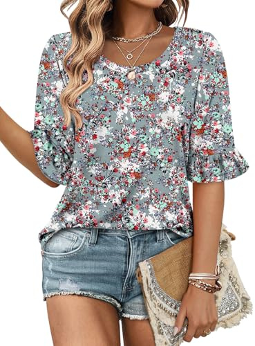 Magritta Womens Crew Neck Tunic Tops 3/4 Puff Sleeve Oversized Curved Hem T-Shirt Casual Summer Blouse Grey Large