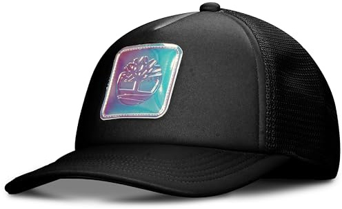Timberland Monochrome Black Trucker Hat for Girls 7-14, Monochrome Logo Patch, Breathable and Adjustable Snapback Mesh Cap