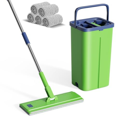 Eukue Mocio Lavapavimenti con Secchio, Mop in Microfibra con 5 Testine Riutilizzabili, Manico in Acciaio Inossidabile e Secchio, Ideale per La Pulizia di Cucina, Soggiorno e Camera da Letto (Verde)