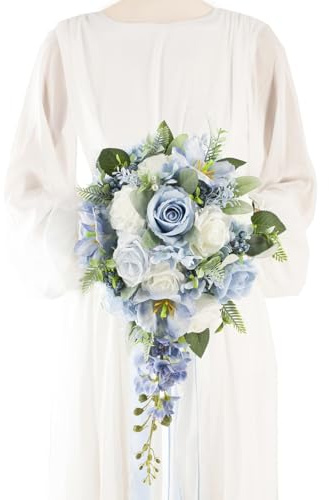 Floinla 12 Inch Cascade Wedding Bouquets for Bride, Dusty Blue & White Cascading Bridal Bouquet for Wedding Silk Artificial Flowers