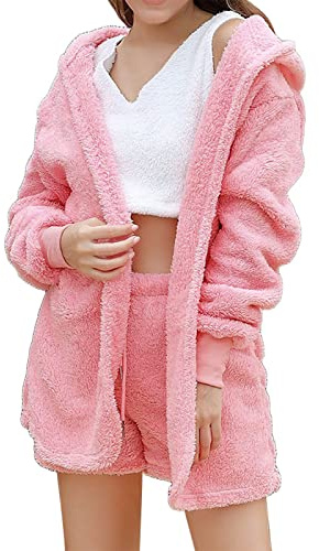 Albornoz de toalla con capucha para mujer, corto, bata de invierno para mujer, color rosa, acogedora, bata de invierno para la mañana, bata de forro polar, bata de toalla de manga larga, pijama con