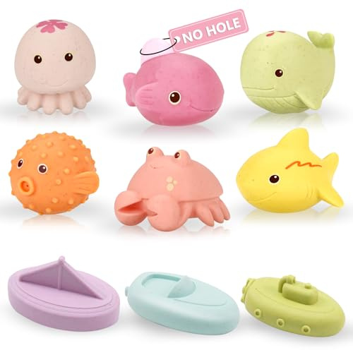 No Hole No Mould Baby Bath Toys, 9PCS Mould Free Sea Animal Toys for 1-4 Year Old Toddlers, Safe PVC Bath Toys for Boys and Girls, Sensory Toys for Bathtub, Pool and Beach