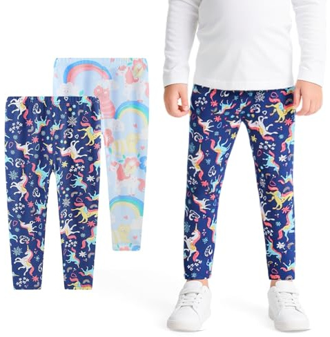 Domueay Leggings pour Fille, Coton Motifs Mignon Elastique Enfant Pantalons Longs, Lot de 2, Doux Confortable Collant Décontracté Filles Vêtements de Sport Danse 4-5 Ans, Bleu&Bleu Clair