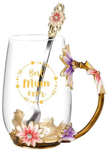 DOITGO Mothers Day Gifts for Mum from Daughter Son,12 Oz Flower Glass Coffee Mugs Tea Cup with Spoon,Mum Birthday Gifts for Stepmum Wife,Mothers Day Presents for Grandma Women on Christmas