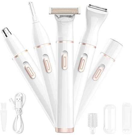 Afeitadora Eléctrica para Mujer, 4 in 1 USB Recargable Eléctrico Depiladora sin Dolor, Portátil Rasuradora Mujer Zona Intima, para Cuerpo, Zona del Bikini, Vello Facial, Nariz y Cejas