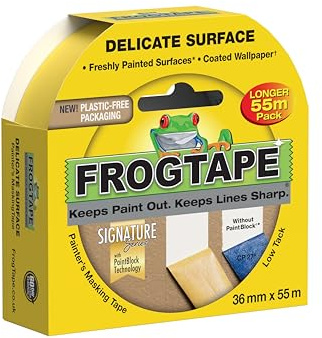 Frog Tape Yellow Delicate Surface Painters Masking Tape 36mm x 55m. Indoor painting and decorating for sharp lines and no paint bleed