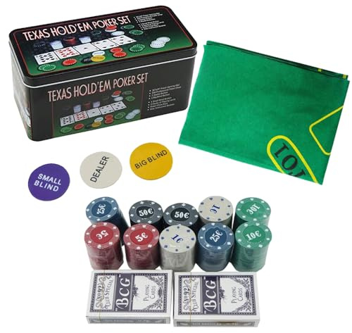 Globly Set da Poker Professionale con Valigetta in Alluminio, 200 Fiches, 2 Mazzi di Carte, Gettoni e Tappetino Verde, per Texas Hold’em, Blackjack e Altri Giochi da Casinò