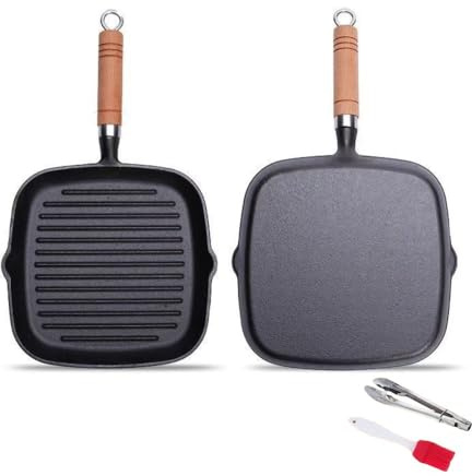 Yijnqixin Nonstick Cast Iron Grill Pan with Double Spouts, 8.7-inch Durable Skillet for Stove Tops, Ideal for Indoor & Outdoor Cooking (8.7inch / 22cm)