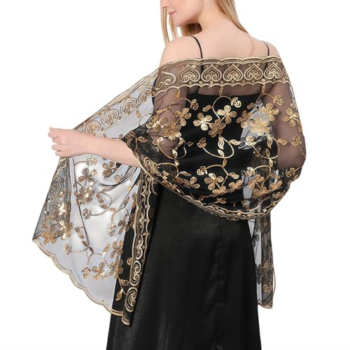 MANJIAMEI Women's Flower Heart Sequin Shawls and Wraps for Evening Dresses, Elegant Embroidered Sparkly Long Scarf Sheer Mesh Wedding Stole for Bridal Ladies Cocktail Parties Proms, Black Gold
