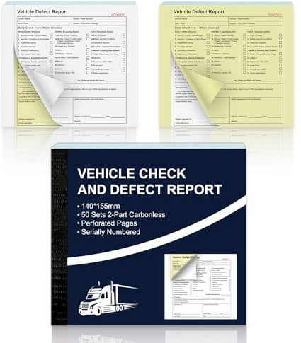 1 Pack Vehicle Check and Defect Report Books 2 Part 50 Sets Carbonless Duplicate Pages Continuous numbering Car Service Booklet for HGV LGV PCV Trucks Van Lorries 250gsm Paper Cover 140 x 155mm
