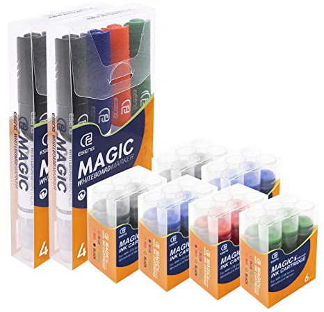 ESENG® Lot de 44 marqueur pour tableau blanc, paquet comprenant les Magic WM-218 marqueurs (2X4 couleurs) et les WM-218T cartouches d'encre (2X6 noir+2X6 bleu+1X6 rouge+1X6 vert)