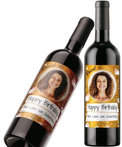 Flaschenetikett personalisiert mit Foto & Text | Premium Aufkleber-Set | Goldeffekt-Folie | Weinflaschen Etikett personalisiert (Layout 1)
