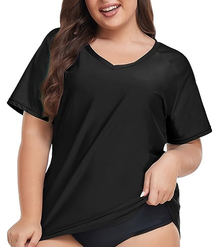 FOREYOND Plus Size Rash Guard Shirt for Women Short Sleeve Swimingsuit Top UV UPF 50+ Sun Protection Summer Swim Shirts Black