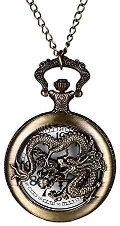 JewelryWe Taschenuhr Herren Antik Drachen Skelett Kettenuhr Vintage Analoge Quarz Uhr Anhänger mit Halskette Kette für Männer Bronze