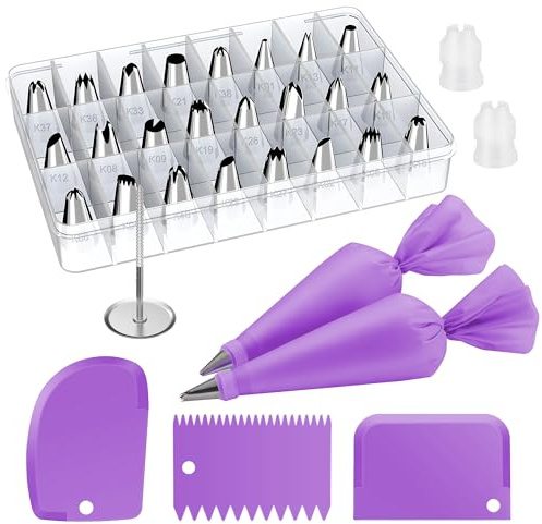 Kootek 32-Piece Piping Bags and Tips Set with 24 Icing Piping Tips, 2 Reusable Pastry Bags 12 Inch, Reusable Piping Icing Bags and Tips, Cake Decorating Kit for Frosting Cookie, Cupcake