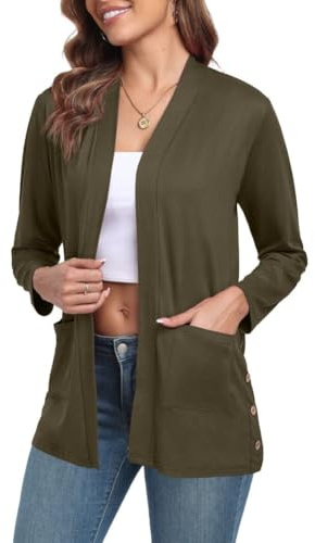 PrinStory Cardigan lungo da donna con tasche, elegante e casual, leggero, da donna, autunno, a maniche lunghe, maglione estivo, verde militare, S