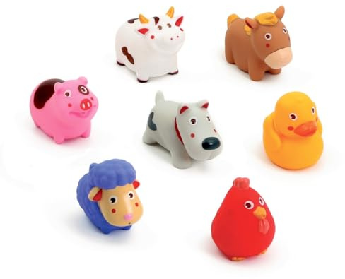 LUDI - Aspergeurs de Bain pour Bébé - 7 Animaux de la Ferme Flottants - Jouets Colorés + Fonction Gicleur - Sécurisé et Résistant - Bocal de Rangement Inclus - 100% PVC, sans Phtalates - Dès 10 Mois