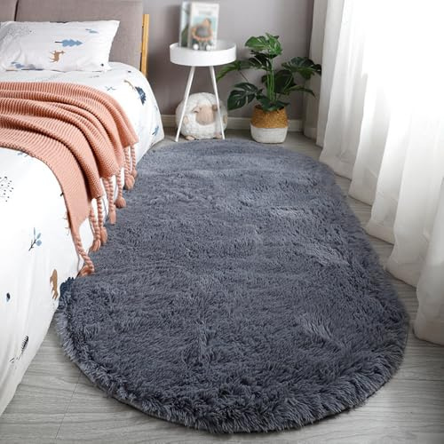 Treer alfombrar Oval de Pelo Largo para Salón, Dormitorio Modernas Lavables Antideslizante Alfombra Shaggy, Esponja área (60x90cm, Gris)