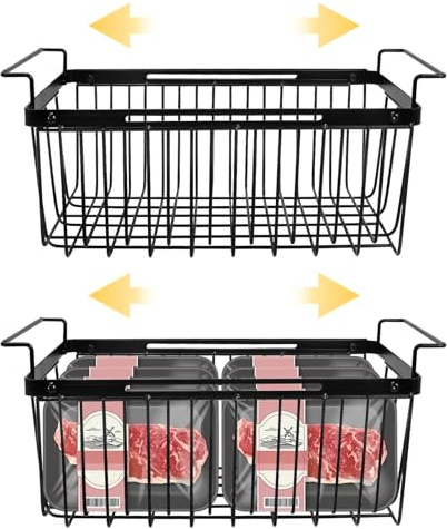 Uppgraderade frysförvaringslådor, 2-pack utdragbara lådor, universella hängande korgar med handtag för kista och frys, lättare att ta med, lägg till utrymme, kylskåpsbehållare för kök (svart)