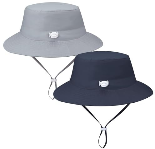 Utensilsto 2Pcs Kinder Sonnenhut,Unisex Fischerhut Sommerhut,Kinder Breiter Krempe Sonnenhut Verstellbare Strand Cap für Jungen Mädchen 3-7 Years(Grau,Marine)