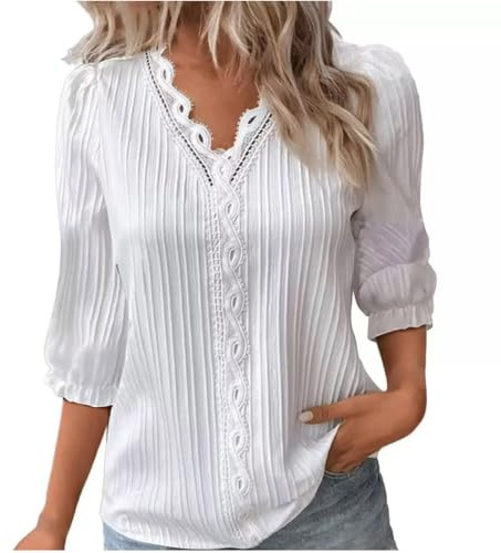 Summer Tops for Women UK Sale Elegant Lace Splicing Hollow Bubble 3/4 Sleeve Solid Color Blouses V-Neck Shirt Ladies Soft Comfy Classic-Fit Dressy Casual Plain Tops for Work Office