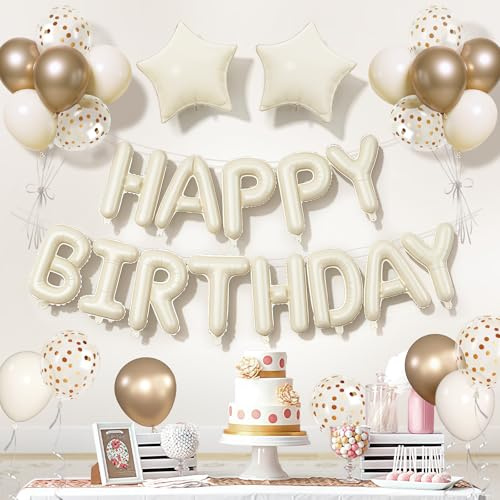 YianHien 33Pcs Cream Happy Birthday Decorations, Birthday Party Decorations | Neutral Happy Birthday Banner Balloons for Adults & Kids, with Beige Star Foil Balloons, Champagne Gold Latex Balloons