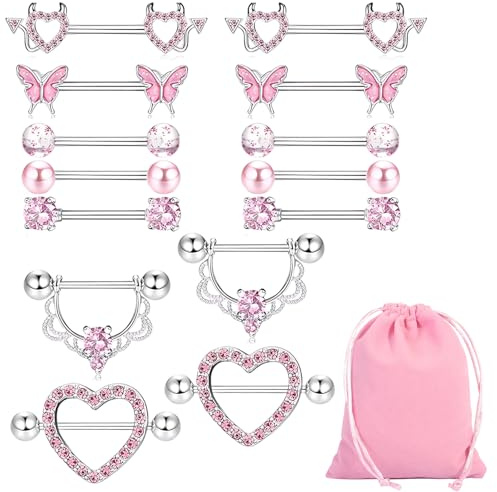 BeoTnp Nipple Piercing Jewellery, Nipple Piercing Kit, 7 Pairs Tongue Bars Set With Pink Velvet Pouch, Showcasing Personalized Accessories For Daily Wear And Summer Activities