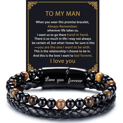 RANKEEF Mens Leather Bracelet - Tiger Eye Mens Beaded Bracelets to My Man Pulseras Para Hombres Birthday Valentines Day Gifts for Husband Boyfriend Bracelets for Men