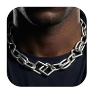 Coiris Chunky Silver Necklace for Women Heavy 18mm Thick Chain Necklace White Gold Plated Statement Collar with Unique Geometric Rhombus Buckle Industrial Punk Goth Jewelry 19 Inch