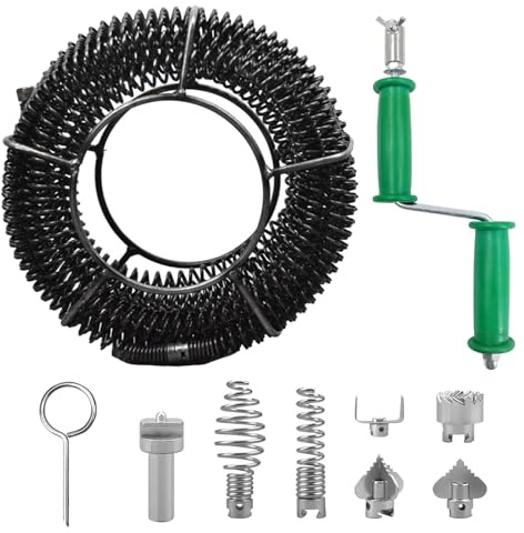 Hanured 12M rörrensningsspiral Ø 16 mm, med 6 stycken avloppsrensare skärhuvud och 1 manuell adapter, effektiv rörrensning