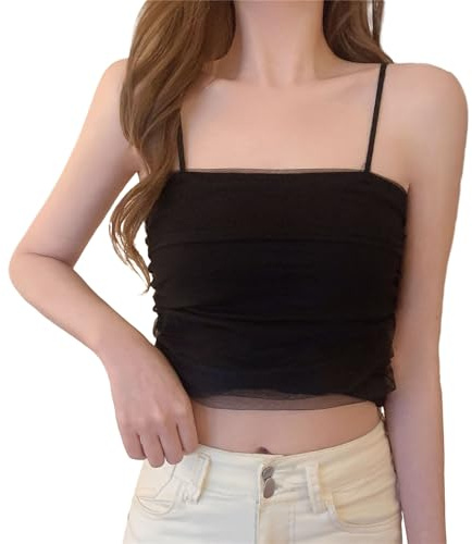 YROHGKPN Spaghetti Stap, Patchwork en maille contrastée, haut skinny Crop tubulaire, tricot côtelé, couleur unie, coupe étroite, gilet en tricot, Noir , taille unique