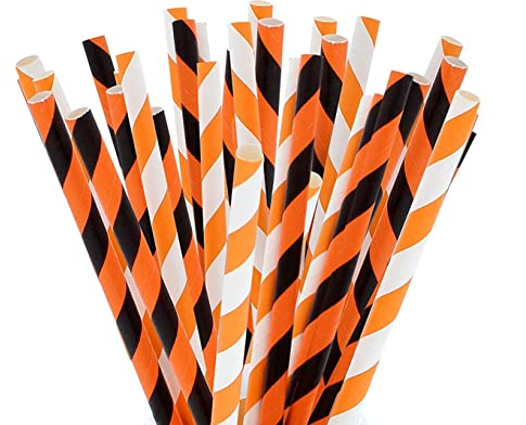 Party On Tap Paper Straws - Orange, White and Black Striped Party Straws - Pack of 100 - Biodegradable and Disposable Pumpkin Party Decorations