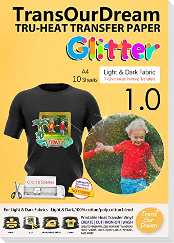 TransOurDream Tru-Glitter Transfer Paper Printable Inkjet Vinyl HTV 10 Sheets A4 Iron on Transfers Dark Image with Reflect Colorful Shimmer Under Light (G-1.0-10)