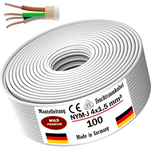 Cable de alimentación para habitación húmeda, de 5 a 100 m, línea de revestimiento NYM-J 4 x 1,5 mm², anillo de cable eléctrico para colocación fija (100 m)