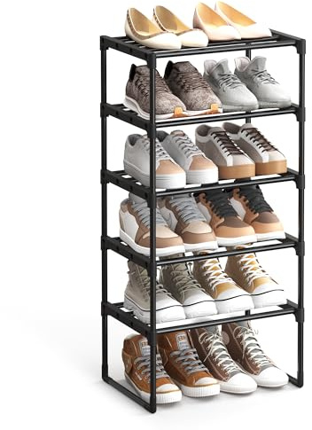 SONGMICS 5-Tier Shoe Rack, Metal Shoe Storage Organiser, Stackable Storage Rack, Space-Saving, Freestanding Shelf, for Hallway, Bedroom, Living Room, Black LSA005B02